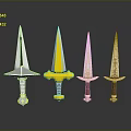 Ornate Daggers With Different Designs Gold White Red Handles And Decorative Patterns