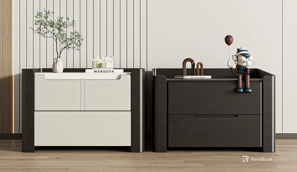 Light And Dark Bedside Tables With Green Plant Book U Shaped Decor And Monkey Doll 3d model 