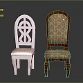 Two Traditional Wooden Chairs with Carved Backrest and Upholstered Patterned Seat