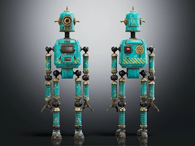 Vintage Blue Mechanical Robots With Jointed Limbs And Dashboard Details 3d model