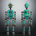 Vintage Blue Mechanical Robots With Jointed Limbs And Dashboard Details