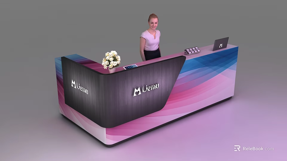 Modern Colorful Gradient Reception Desk With Lehome Logo White Flower Bouquet Laptop And Phone 3d model 