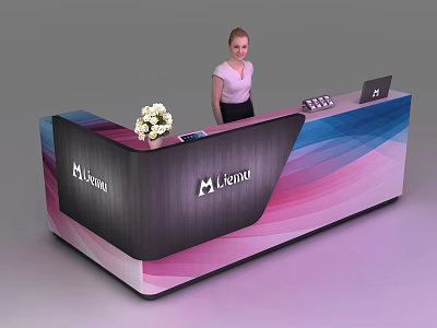 Modern Colorful Gradient Reception Desk With Lehome Logo White Flower Bouquet Laptop And Phone 3d model