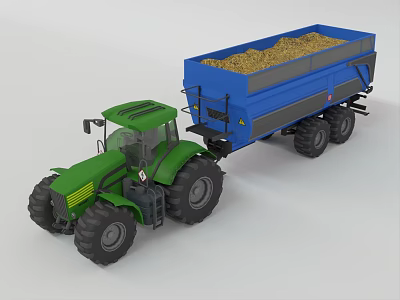Green Farm Tractor with Blue Trailer Loaded with Hay for Agricultural Transport 3d model