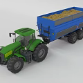 Green Farm Tractor with Blue Trailer Loaded with Hay for Agricultural Transport