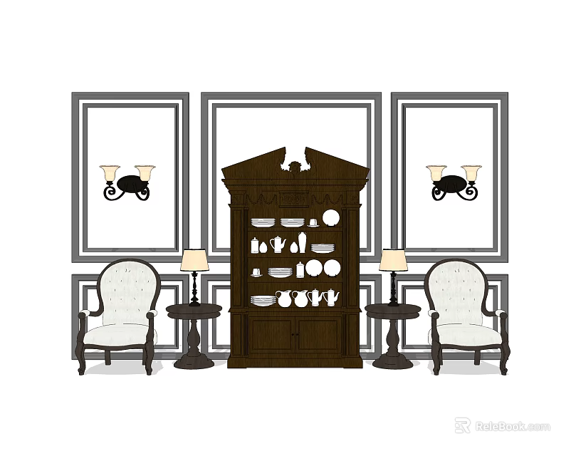Elegant Wooden Sideboard With China Dishes Framed Wall Art Sconces Armchairs And Table Lamps 3d model 