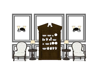 Elegant Wooden Sideboard With China Dishes Framed Wall Art Sconces Armchairs And Table Lamps 3d model