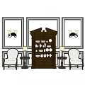 Elegant Wooden Sideboard With China Dishes Framed Wall Art Sconces Armchairs And Table Lamps