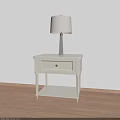 White Bedside Table With Drawer Gold Knob Open Shelf And Table Lamp Shade 3d model