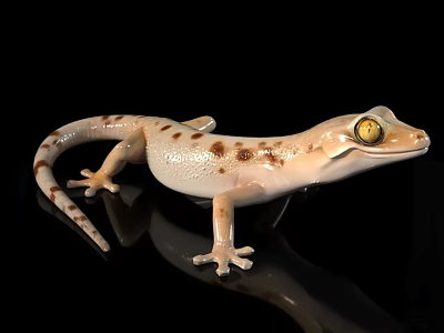 Light Colored Spotted Gecko With Yellow Eyes On Black Shiny Surface 3d model