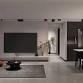 Modern Living And Dining Room With Black Sofa Orange Armchair Large TV City Night View