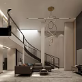Modern Duplex Living Room Interior Design With Spiral Staircase And Hanging Ring Lights