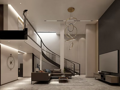 Modern Duplex Living Room Interior Design With Spiral Staircase And Hanging Ring Lights 3d model