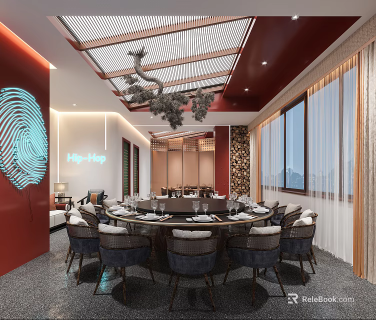 Elegant Chinese Style Private Dining Box With Wooden Ceiling Round Table And Curtains 3d model
