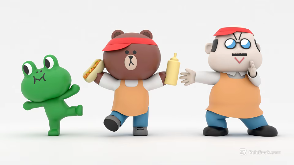 Cartoon Game Movie Characters Green Frog Brown Bear Red Hat Hotdog Mustard Orange Aprons 3d model 