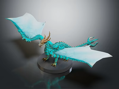 Turquoise Dragon Model With White Wings Golden Details And Black Base 3d model