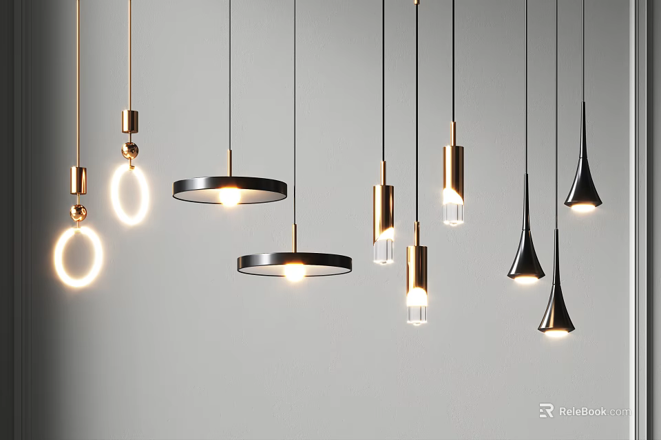 Contemporary Pendant Lights Hanging with Various Modern Designs Metal Finishes and Bright Light Sources 3d model 