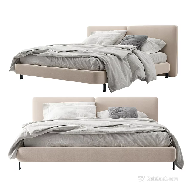 Modern Double Bed With Beige Headboard Simple Frame And Gray White Bedding 3d model
