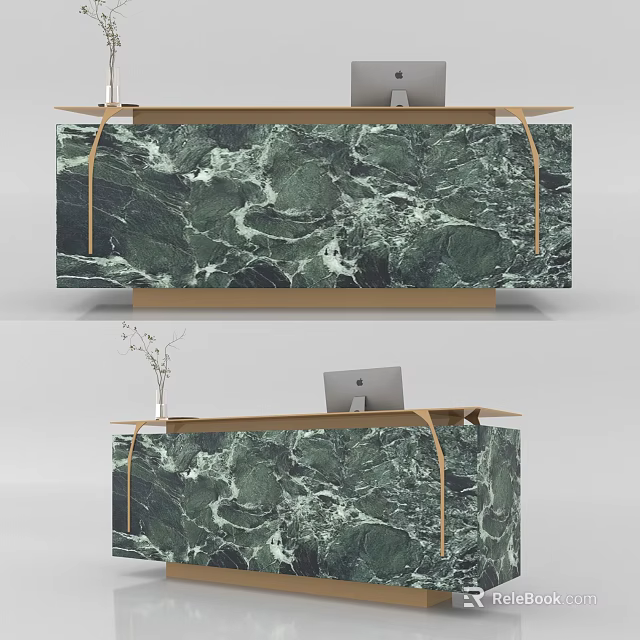 Modern Reception Desk With Green Marble Surface Wooden Frame And Laptop 3d model 