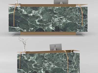 Modern Reception Desk With Green Marble Surface Wooden Frame And Laptop 3d model