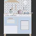 White Toy Kitchen Appliances With Stove Oven Small Pots And Decorative Backboard