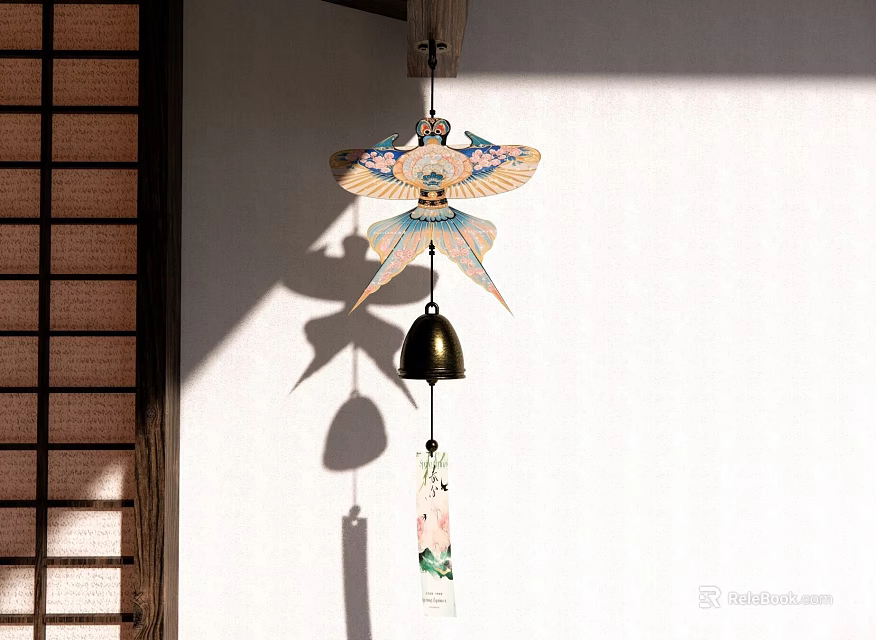 Traditional Japanese Hanging Decoration With Butterfly Shape And Metal Bell For Home Decor 3d model 