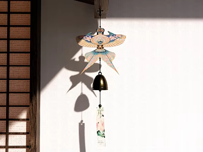 Traditional Japanese Hanging Decoration With Butterfly Shape And Metal Bell For Home Decor 3d model