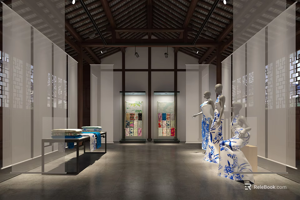 Traditional Architecture Exhibition Space With Blue And White Pattern Mannequins And Display Cases 3d model 
