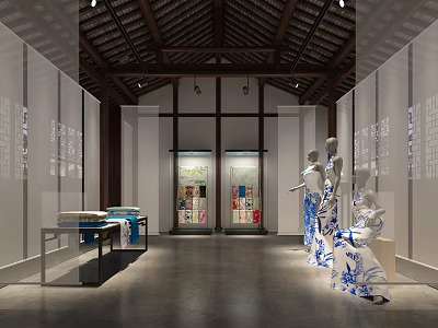 Traditional Architecture Exhibition Space With Blue And White Pattern Mannequins And Display Cases 3d model