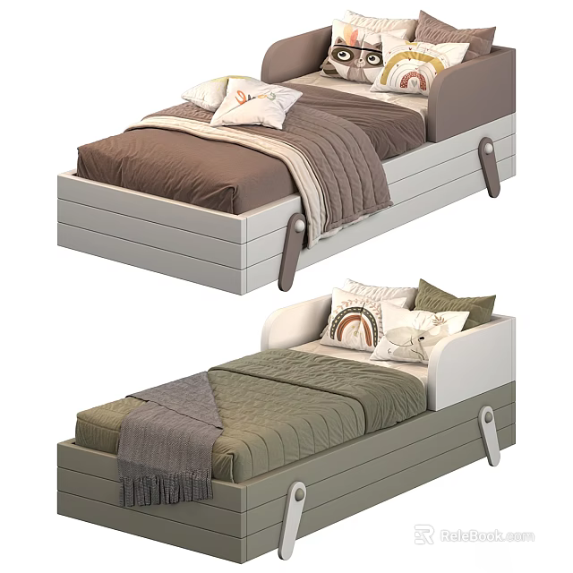 Modern Children's Bed Design With Brown Green Blankets Rainbow Pillows And Storage Drawers 3d model 