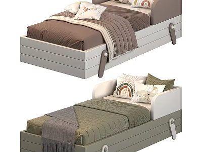 Modern Children's Bed Design With Brown Green Blankets Rainbow Pillows And Storage Drawers 3d model