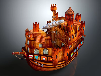 Cartoon Scene of Wooden Castle Ship with Towers Colorful Windows and Ropes 3d model