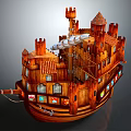 Cartoon Scene of Wooden Castle Ship with Towers Colorful Windows and Ropes
