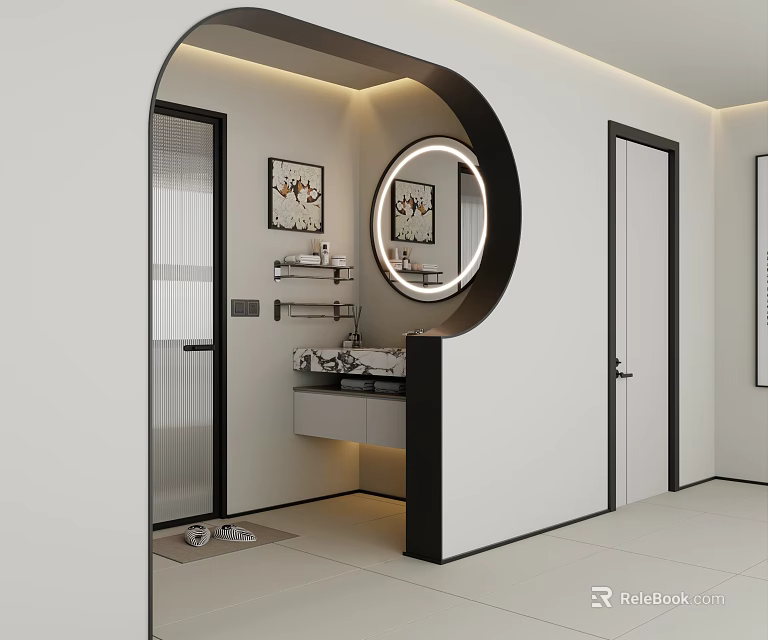 Modern Bathroom Interior With Circular Mirror Lighting Vanity And Framed Wall Art 3d model
