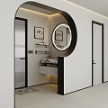 Modern Bathroom Interior With Circular Mirror Lighting Vanity And Framed Wall Art 3d model