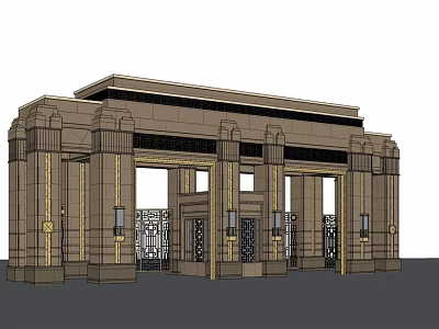 Grand Classical Entrance Gate With Symmetrical Design And Decorative Stone Columns 3d model