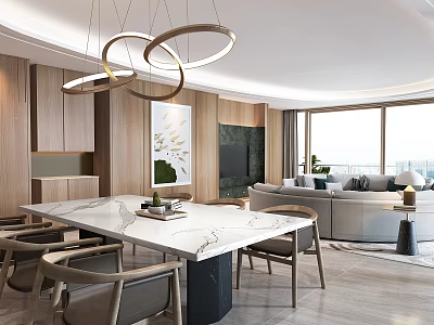 Modern Dining Living Room With Marble Table Wooden Chairs Hanging Chandeliers And Sofa 3d model