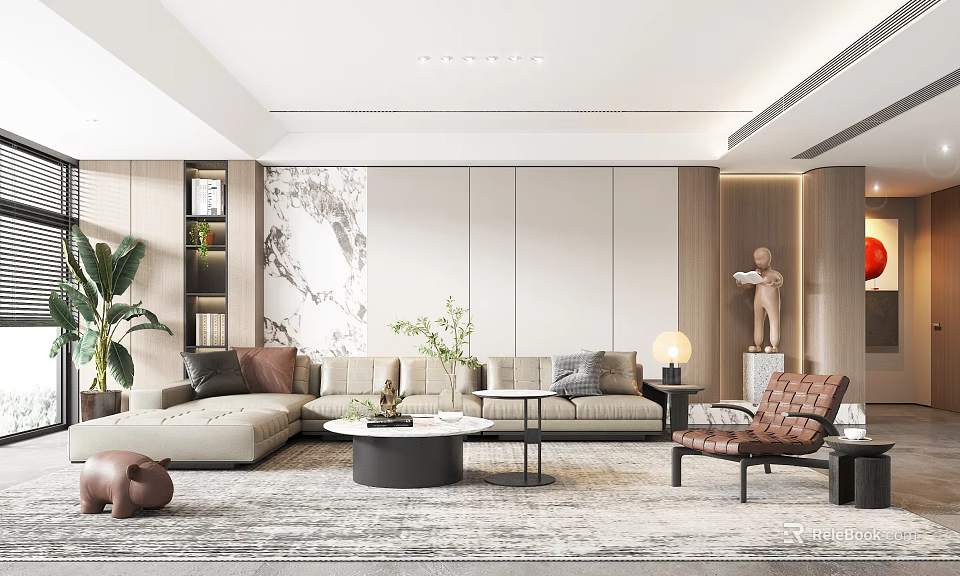 Modern Luxury Living Room With Light Sofa Round Coffee Table And Decorative Rug 3d model 