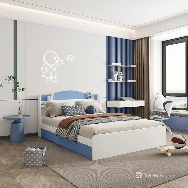 Modern Kids Bedroom With Blue White Bed And Astronaut Decal 3d model 