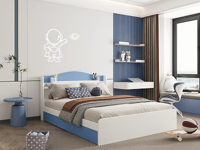 Modern Kids Bedroom With Blue White Bed And Astronaut Decal 3d model