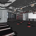 Fitness Center Interior Design Featuring Red Ceiling Lights Gray Walls Logo Sign And Floor Patterns