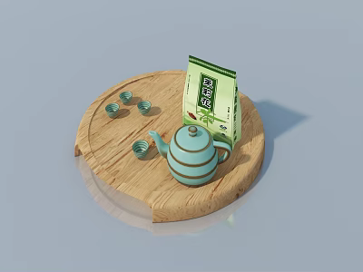 Elegant Hinged Door With Wooden Tray Teapot Cups And Green Tea Bag 3d model