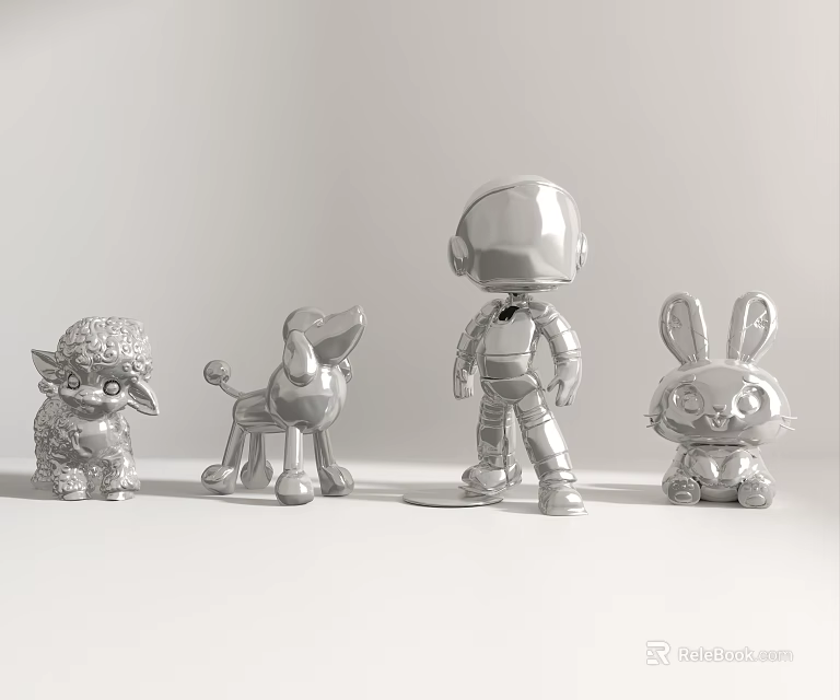 Silver Sculptures Featuring Alien Creature Dog Astronaut Rabbit With Smooth Metallic Texture On White Background 3d model