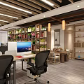 Modern Public Office Space Featuring Long Table Purple Flowers Black Office Chairs Bookshelves Green Plants