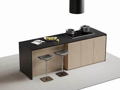 Modern Kitchen Bar Counter With Black Countertop Wooden Cabinets Bar Stools Fruit Plate And Appliances 3d model