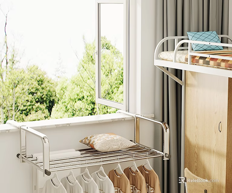 Stainless Steel Clothing Rack Near Window Holding Clothes And Pillow 3d model 