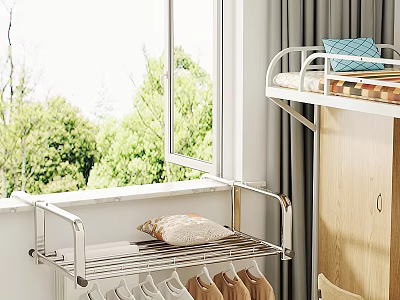 Stainless Steel Clothing Rack Near Window Holding Clothes And Pillow 3d model