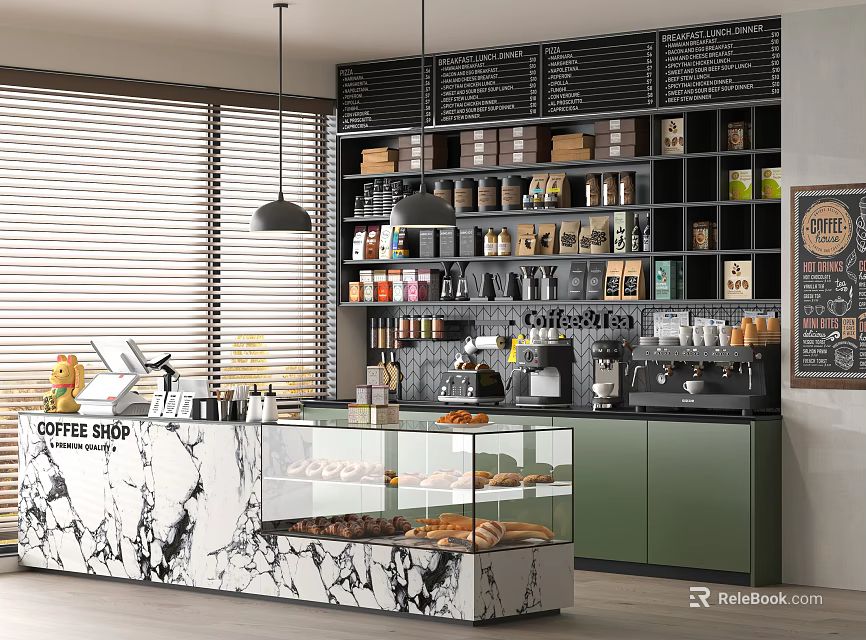 Café Interior Design With Marble Counter Display Case Pastries Bread Coffee Beans And Machine 3d model 