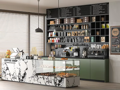 Café Interior Design With Marble Counter Display Case Pastries Bread Coffee Beans And Machine 3d model