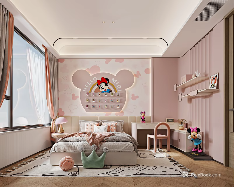 Pink Minnie Mouse Kids Room Interior With Bed Desk Curtains And Decor 3d model 